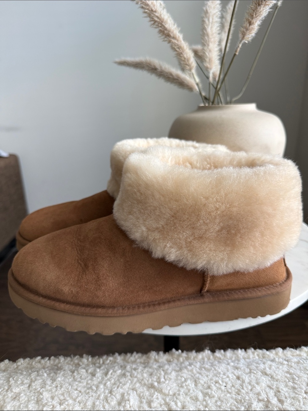 UGG Chestnut Suede Shearling Cuff Ankle Slippers Size 10